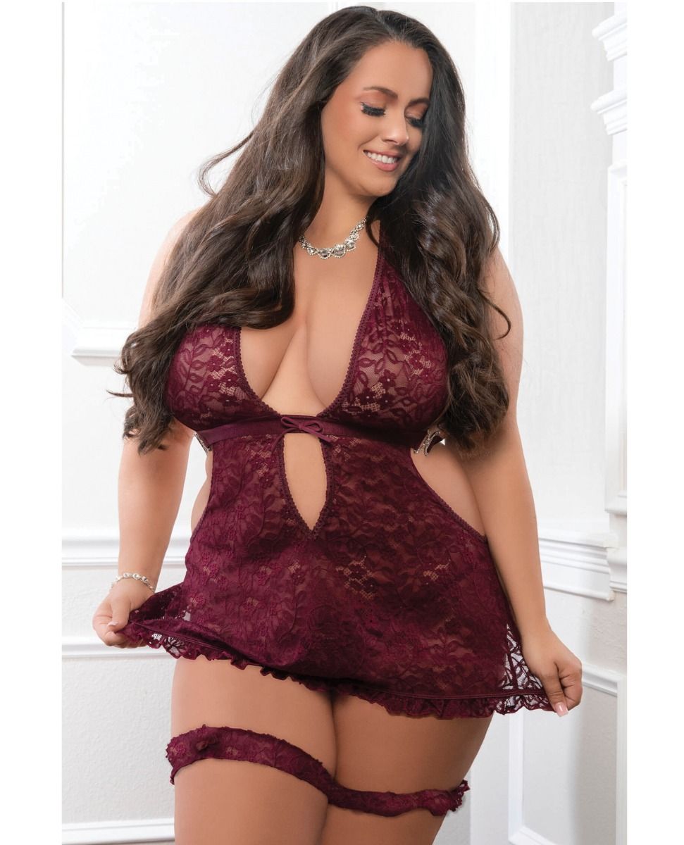 G World Apron Style Halter Mini Dress With Thong & Lace Garters