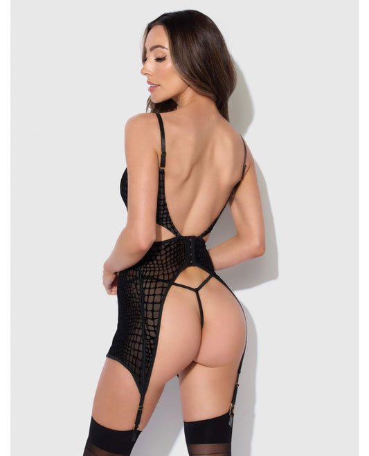 House of Desire Snake Velvet-Burnout Mesh Chemise & G-String Set