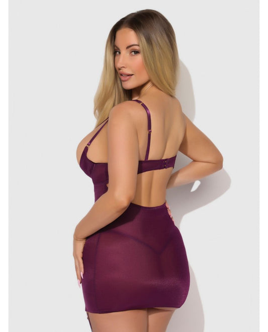 House of Desire Yasmine Shimmer Mesh O-Ring Thigh Garter Chemise & G-String Set