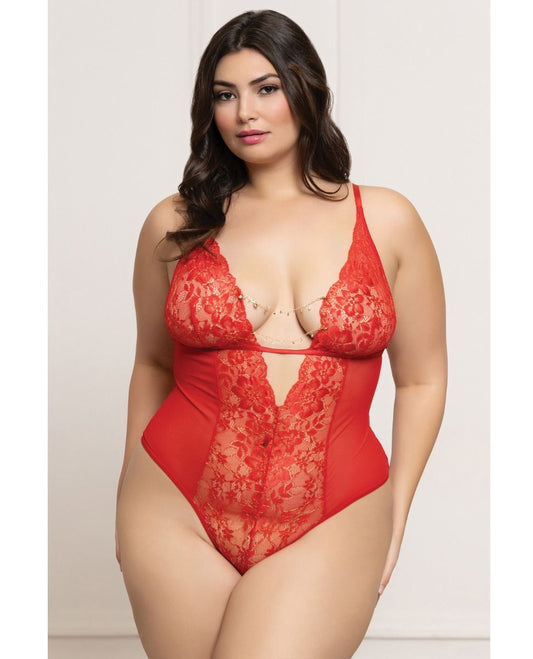Seven Til Midnight Lace and Mesh Open Crotch Teddy With Rhinestone Detail