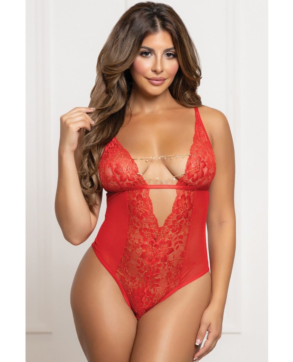 Seven Til Midnight Lace and Mesh Open Crotch Teddy With Rhinestone Detail