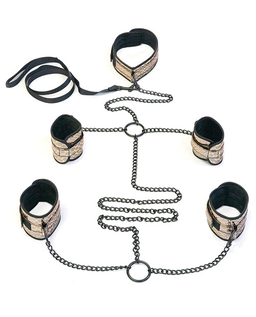 Faux Leather Wrist and Ankle Restraints Bondage Kit With Leash - Wicked Sensations