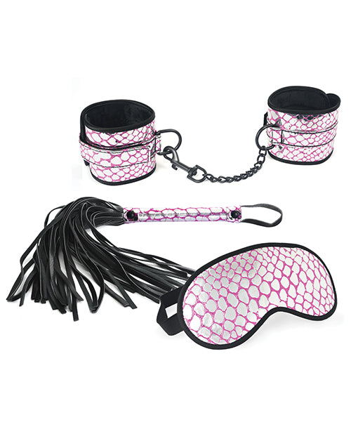 Faux Leather Wrist Restraints Blindfold and Flogger Bondage Kit - Wicked Sensations
