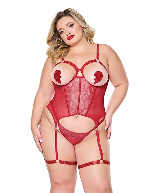 Coquette Metallic Stretch Scallop Lace and Mesh Bustier With Thong