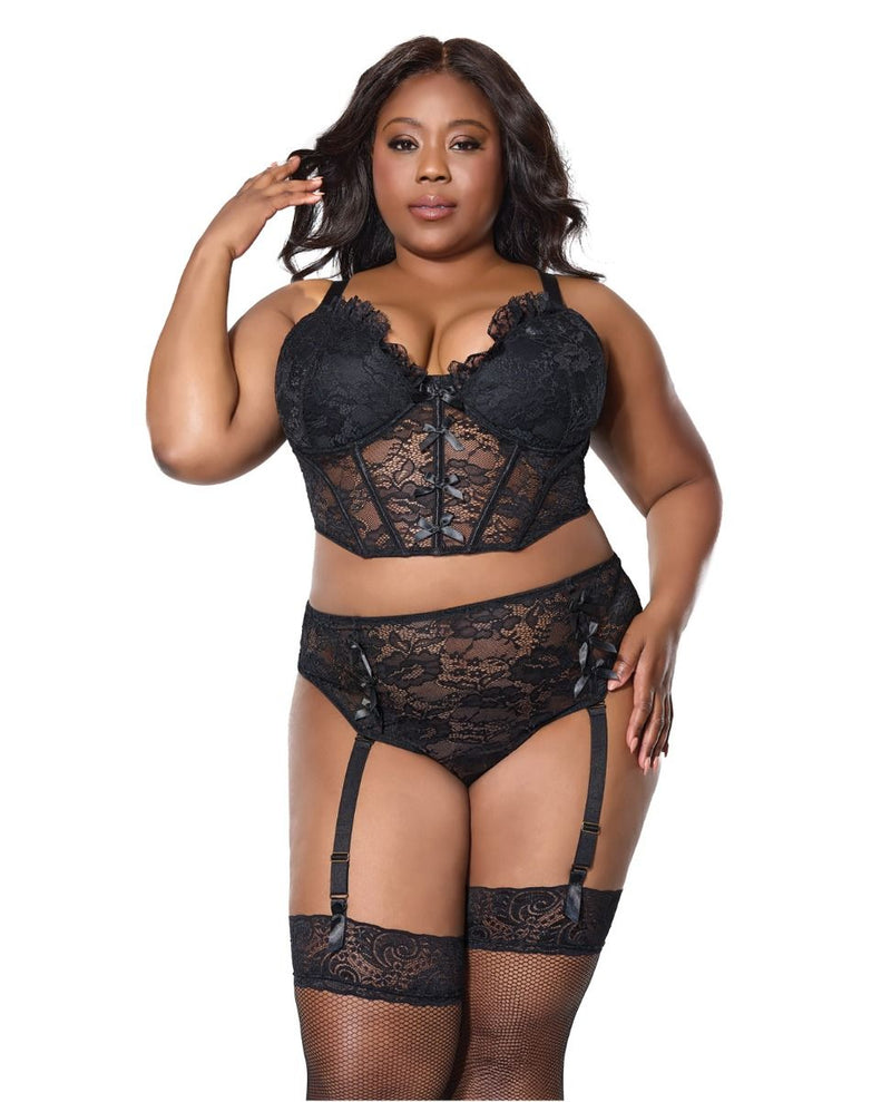 Coquette Lace Bustier With Padded Cups & Gartered Thong Panty