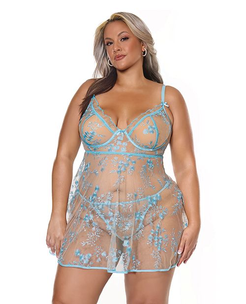 Coquette Blue Blossom Underwire Babydoll With G-String