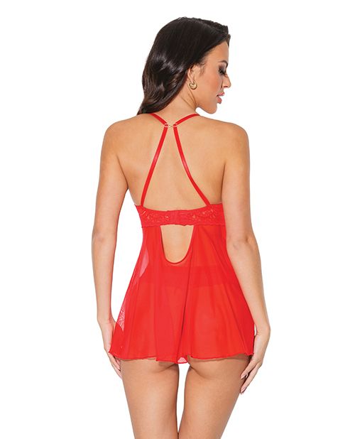 Coquette Holiday Scallop Stretch Lace & Mesh Babydoll & Thong
