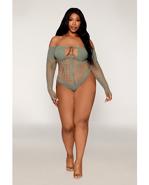Red Diamond Long Sleeve Opaque and Fishnet Seamless Teddy