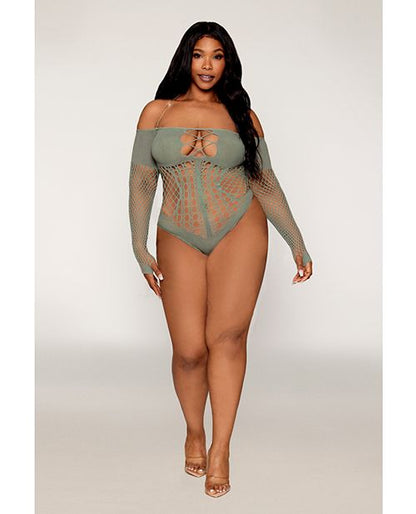 Red Diamond Long Sleeve Opaque and Fishnet Seamless Teddy