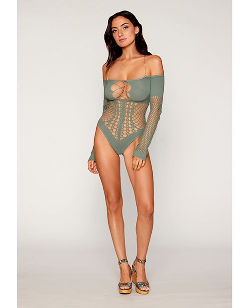 Red Diamond Long Sleeve Opaque and Fishnet Seamless Teddy