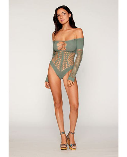 Red Diamond Long Sleeve Opaque and Fishnet Seamless Teddy