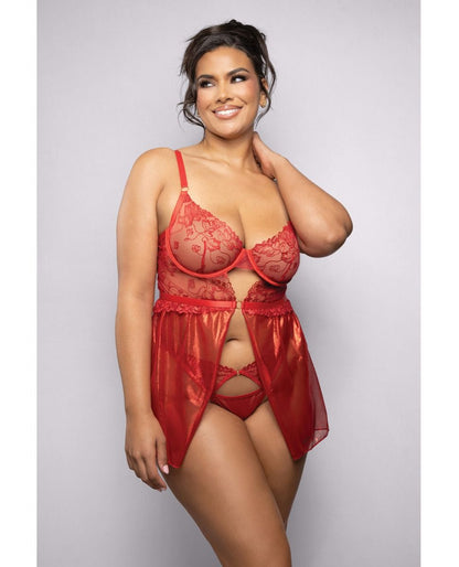Radiance Ruby Shimmer Lace & Mesh Babydoll With Panty