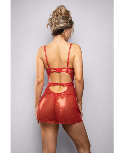 Radiance Ruby Shimmer Lace & Mesh Babydoll With Panty