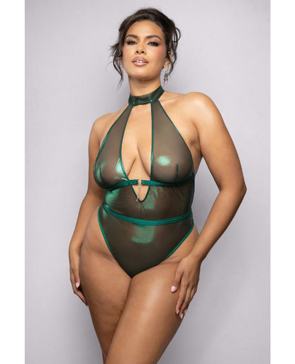 Radiance Emerald Shimmer Mesh Halter Teddy With Open Back