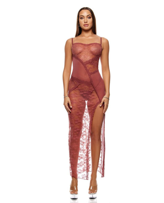 Forplay Patch Of Petals Sheer Mesh and Lace Gown With Thong