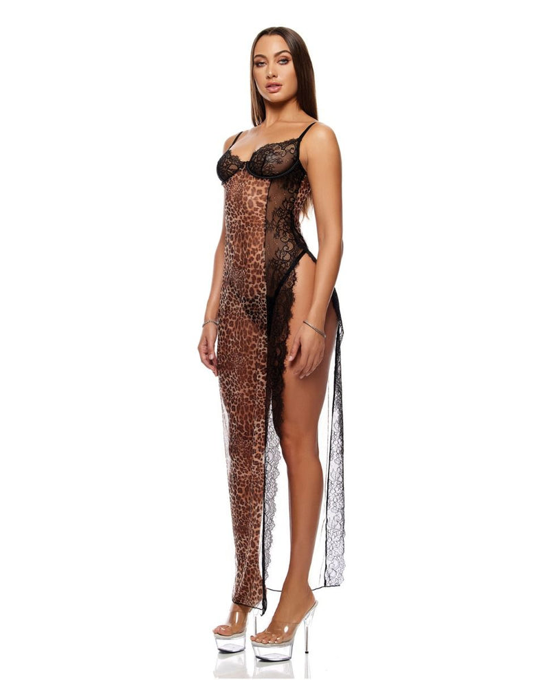 Forplay Animal Instincts Sheer Mesh and Lace Gown With Thong