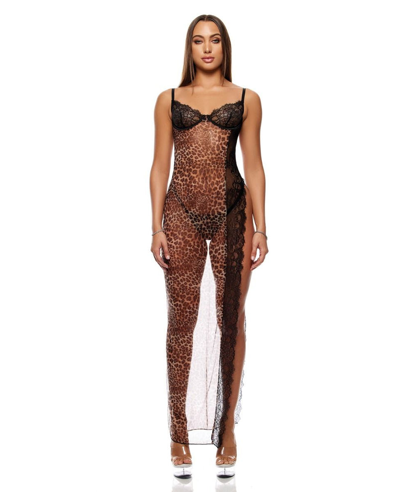 Forplay Animal Instincts Sheer Mesh and Lace Gown With Thong