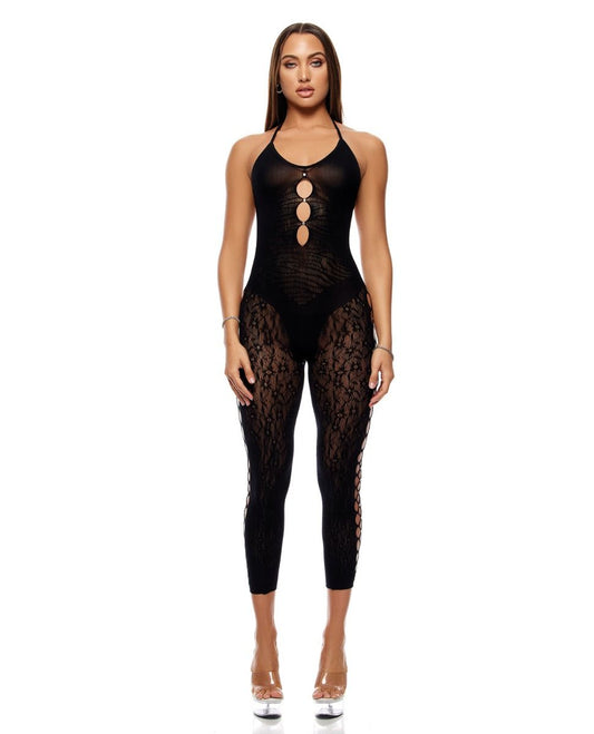 Forplay Cross Your Mind Capri Floral Knit Bodystocking With Rhinestone Details