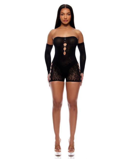 Forplay Cross Your Mind Romper Bodystocking With Rhinestone Details & Gloves