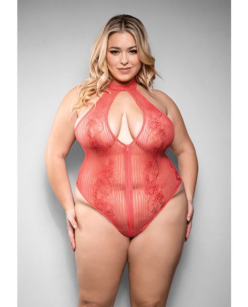 Temptress Calliope Striped Sheer Floral Lace Zippered Teddy