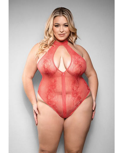 Temptress Calliope Striped Sheer Floral Lace Zippered Teddy