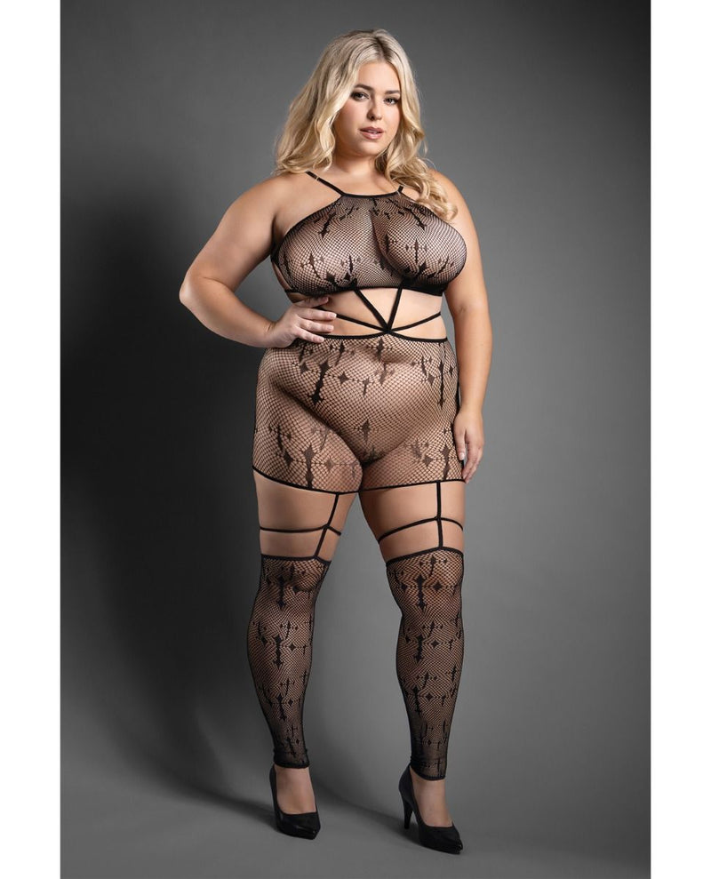 Sheer Fantasy Unholy Gartered Bodystocking Dress With Attached Stockings