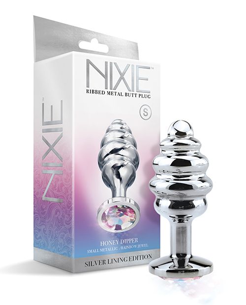 Nixie Honey Dipper Ribbed Metal Rainbow Jeweled Butt Plug