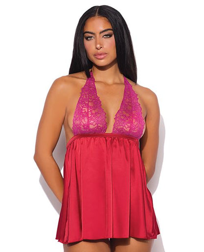 House of Desire Jocelyn Lace & Satin Halter Mini Babydoll Dress With Thong