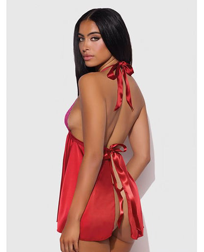 House of Desire Jocelyn Lace & Satin Halter Mini Babydoll Dress With Thong