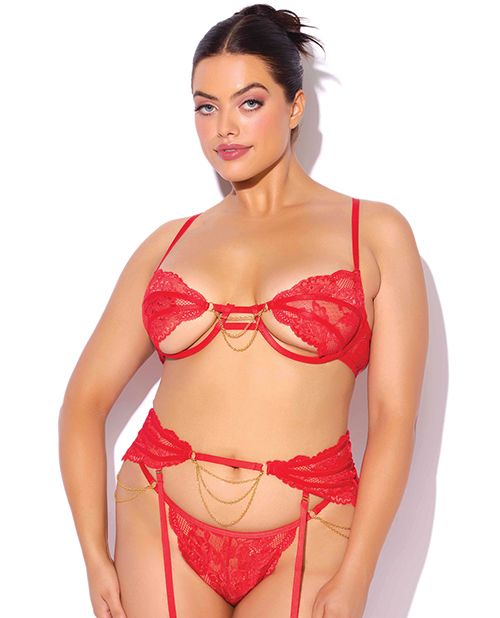 House of Desire Cecily Lace Cut-Out Bra & Thong With Garter Straps