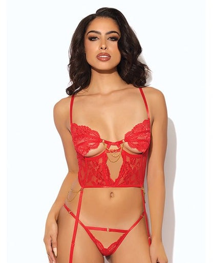 House of Desire Cecily Lace & Mesh Bustier With Thong & Garter Straps