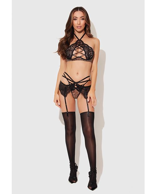 House of Desire Felicia Mesh and Lace Bralette With Garter & G-String