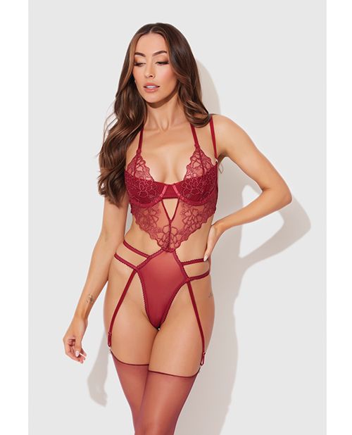 House of Desire Eden Embroidered Lace & Mesh Teddy With Garters