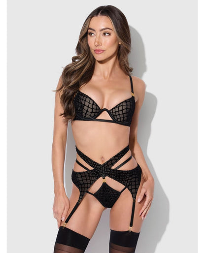 House of Desire Snake Velvet-Burnout Mesh Bra, Garter, & Backless Hipster Set
