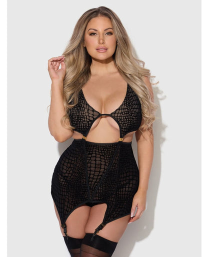 House of Desire Snake Velvet-Burnout Mesh Chemise & G-String Set