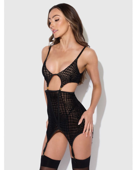 House of Desire Snake Velvet-Burnout Mesh Chemise & G-String Set
