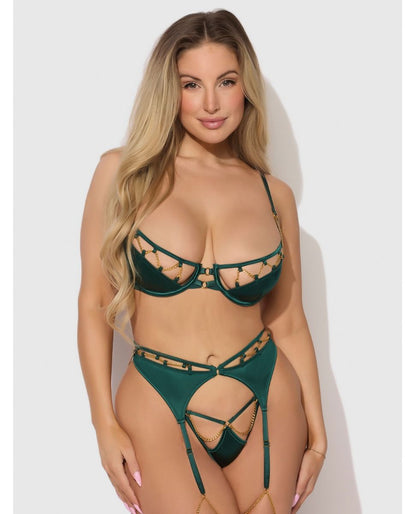 House of Desire Evangeline Satin & Chain Push Up Bra 3 Piece Set