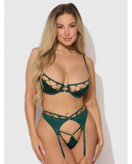House of Desire Evangeline Satin & Chain Push Up Bra 3 Piece Set