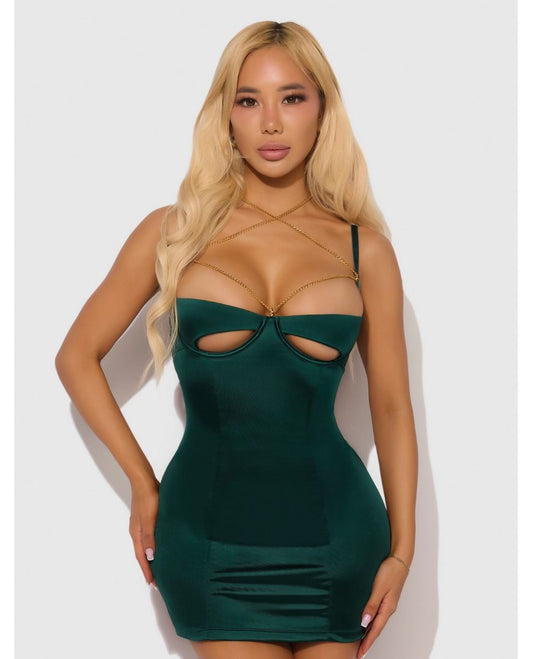 House of Desire Evangeline Satin & Chain Open Cup & Back Chemise & G-String Set