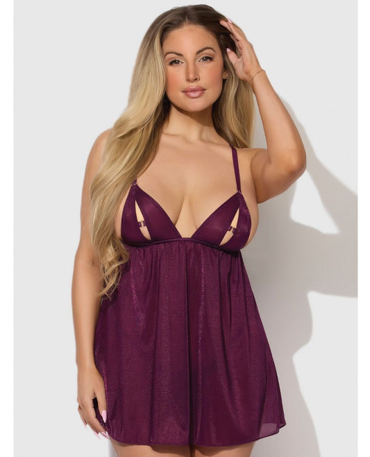 House of Desire Yasmine Shimmer Mesh O-Ring Slit Cup Babydoll & G-String Set