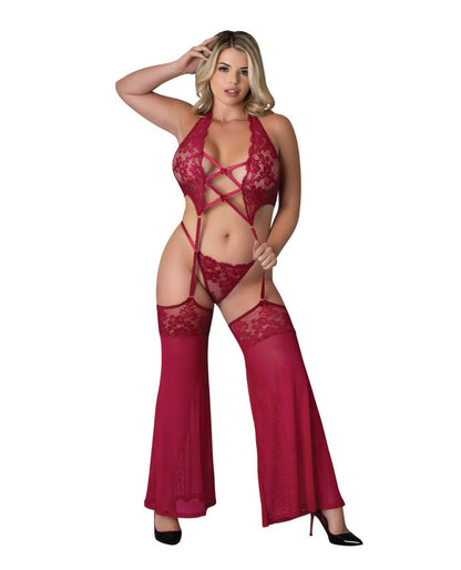 Exposed Black Cherry Plunge Top Removable Chaps & Cheeky Panty Set