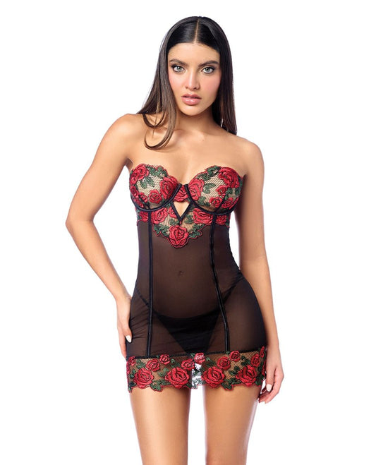 Mapale Untamed Floral Embroidered Underwire Babydoll With G-String