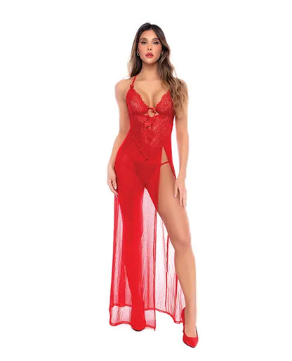 Mapale Dotted Lace & Mesh Maxi Dress With Thong