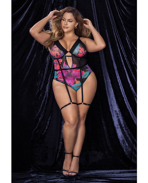 Mapale Flower Print Mesh Underwire Teddy With Detachable Garter Straps