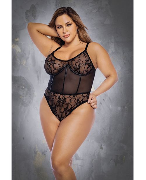 Mapale Floral Lace & Mesh Underwire Bodysuit With Lace Up Back