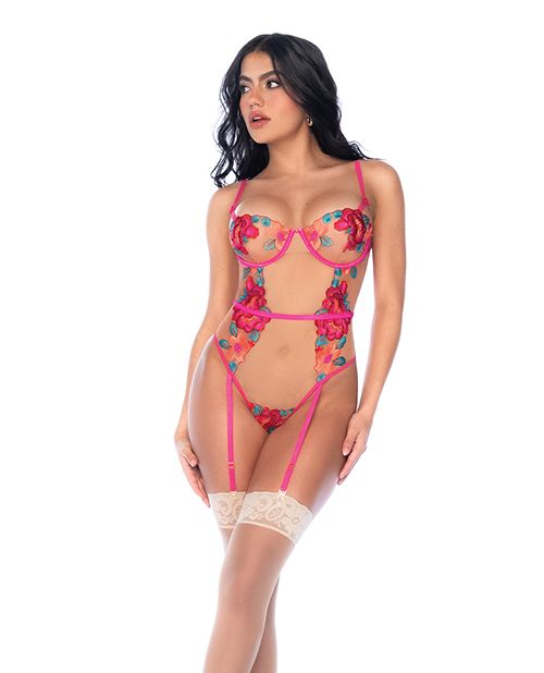 Mapale Seductive Garden Floral Mesh Teddy With Attached Garters