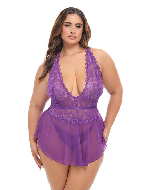 Oh La La Cheri Harmony V-Plunge Lace & Mesh Babydoll With G-String