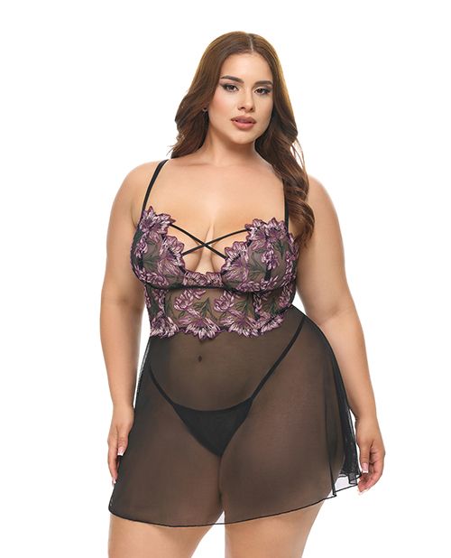 Oh La La Cheri Adela Embroidered Boned Lace and Mesh Babydoll With G-String