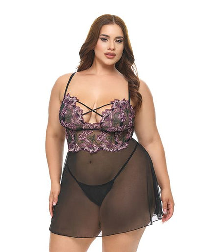 Oh La La Cheri Adela Embroidered Boned Lace and Mesh Babydoll With G-String