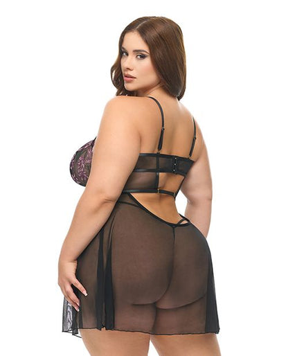 Oh La La Cheri Adela Embroidered Boned Lace and Mesh Babydoll With G-String